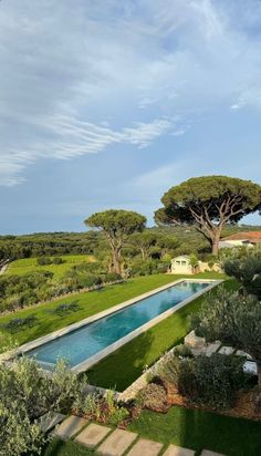 an outdoor swimming pool surrounded by greenery and trees