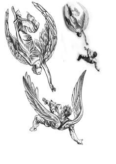 two drawings of flowers, one with an angel and the other with a demon on it