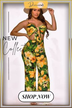 Floral Tie Front Crop Top Wide Leg Pants Beach Outfits Tropical Green Vacation Sets, Wide Leg Tropical Print Pants For Vacation, Floral Print Trousers For Vacation, Wide Leg Pants With Tropical Print For Vacation, Wide-leg Tropical Print Pants For Vacation, Tropical Printed Pants For Vacation, Tropical Printed Vacation Pants, Summer Beach Pants With Tropical Print, Tropical Style Printed Vacation Pants