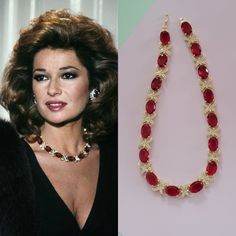 Hello, Welcome to Ken's Closet. Today I have an amazing Fake Ruby and Diamond Necklace. This looks exactly like what classic actress Stephanie Beacham often wore during her prime-time 80s era as Sable Colby! The necklace is made of glass crystal embellishments. Crystal colors are red and clear and are set in gold. The length is appx 15 inches.  The crystals are very sparkly in light, and will surely grab attention. This would be great for costumes, fancy dress, salsa dancing, and burlesque.  Thi Stephanie Beacham, Ruby And Diamond Necklace, Crystal Colors, 80s Era, Celtic Goddess, 1980's Fashion, Classic Actresses, Salsa Dancing, Ruby Necklace