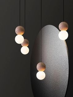 three circular lights hanging from the ceiling in a room with black walls and flooring