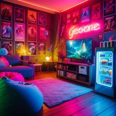 a living room filled with furniture and neon lights