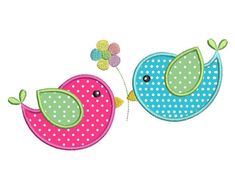 two birds with polka dots and flowers on their backs, one has a flower in its beak