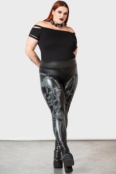 - Light stretch, faux leather leggings.
- Statement custom graphic print.
- Elasticated waistband.
- Fitted.

Model is 5ft 9 and wears a size 3XL.

with KILLSTAR branding, 95.5% Polyester 4.5% Elastane. Leather Leggings Fashion, Leather Dress Women, 2010 Fashion, Hot Leggings, Women's Bottoms, Faux Leather Leggings, Leather Dress, Leather Leggings, Leggings Fashion