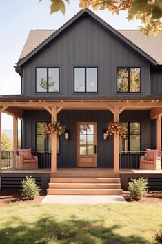 40 Farmhouse Porch Columns To Achieve a Rustic Entryway! Outdoor House Remodel, Front Porch Building Ideas Design, Old Farmhouse Porch Decor, Old Modern Farmhouse Exterior, Decorative Siding Exterior, Front Porch Additions Before And After, Home Exterior Front Porch, Craftsman Style Townhomes, Country Farmhouse Exterior Paint Colors