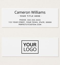 two white business cards with black and white logos on the bottom one has a square shape