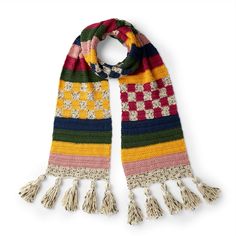 a multicolored knitted scarf with tassels