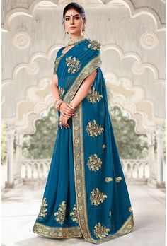 Peacock Blue Saree, Sea Blue Color, Embroidered Saree, Ethnic Sarees, Half Sleeve Blouse