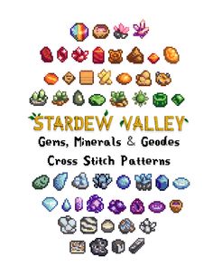 the stardew valley gems, minerals and guides cross stitch pattern is shown