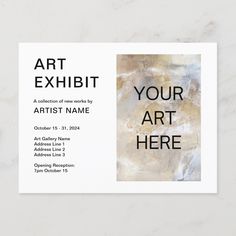 a business card with the words art exhibit in black and white, on a marble background