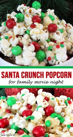 a bowl filled with popcorn and candy on top of a christmas tree next to a white plate