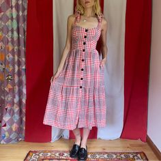 Major Summer Vibes. Features Adjustable Tie Straps, Buttons Down Front, Elastic On Back For Easy Fitting, Hidden Side Pockets. Marked Size Xs Never Been Worn, In Brand New Condition. Measurements Bust 30-32” Waist 24-26” Length 40” #Urbanoutfitters #Plaid #Summerdress #Gingham #Linen Red Buttoned Midi Dress For Summer, Summer Red Midi Dress For Daywear, Retro Red Dress For Day Out, Gingham Midi Dress For Beach, Red Cotton Midi Sundress, Red Summer Midi Dress For Casual Occasions, Red Cotton Midi Length Sundress, Red Summer Sundress Midi Length, Red Cotton Midi Dress For Daywear