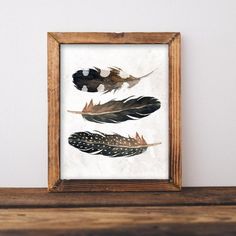 an old wooden frame with three feathers in it on top of a shelf next to a white wall