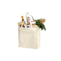 a grocery bag filled with food and drinks on top of a white table next to a bottle