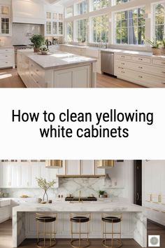 two pictures with the words how to clean yellowing white cabinets