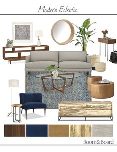 a living room design board with furniture and decor in shades of blue, brown, beige, and white