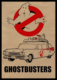 a ghostbuster's car is in front of a sign that says no ghostbusters