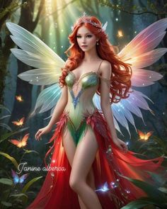 a beautiful red haired fairy standing in the woods