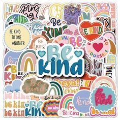 the words be kind are surrounded by colorful stickers