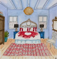 a watercolor and ink drawing of a bed in a blue bedroom with red accents