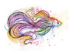 a colorful fish with swirls and bubbles on it's back side, painted in watercolor