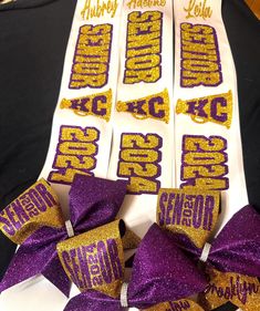 These custom senior sashes are a great graduation gift idea for Senior night.  They can be made for senior events such as softball, volleyball, basketball, homecoming, etc.  They are a great way to make your seniors feel special.  The lettering will be made in the colors of your choice. Pick two colors to use on the sash and hair bow.  They also come with a matching mini bow to wear at the bottom of the sash and make them adjustable to all sizes.   ---PRODUCT DETAILS---- ♥ SIZE: 4" wide by 72" l Senior Night Cheer, Senior Logo, Homecoming Sash, Senior Cheer Bows, Cheer Sash, Senior Events, Senior Sash, Basketball Cheer, Senior Posters