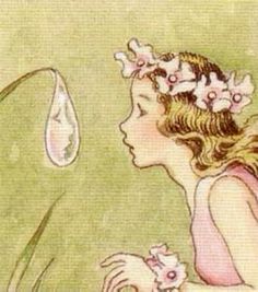 a painting of a girl with flowers in her hair looking at a mirror that is hanging on the wall