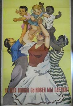 an old poster with people holding children in their arms and the caption reads,