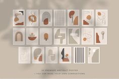 an abstract poster with different shapes and sizes on the front, in shades of brown and white