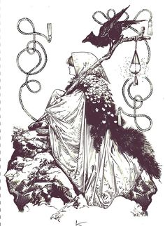 a black and white drawing of a woman sitting on top of a hill with a bird flying over her head