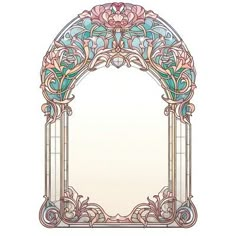 an ornate arch with stained glass and flowers on the top, in pastel colors