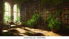 a room filled with lots of green plants and bookshelves next to a window