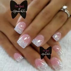 Nails Beautiful Nail Designs Acrylics, Dip Nails With Acrylic Tips, French Dip Wedding Nails, Silver Nails Polish, French Dip Nails With Glitter, Square French Tip Acrylic Nails With Glitter, French Glitter Acrylic Nails, Different Style French Tip Nails, Popular Gel Nail Designs