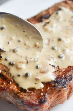 a piece of meat covered in gravy on top of a white plate with a spoon