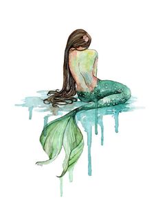 a watercolor painting of a mermaid with long hair sitting on the edge of a body of water