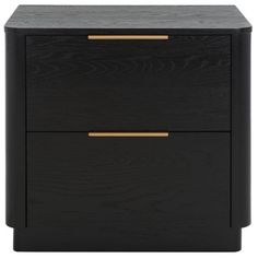 a black and gold nightstand with two drawers on it's sides, against a white background