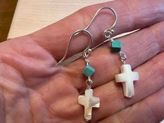 I couldn't not make earrings with these mother of pearl crosses when I found them. Accented with genuine turquoise cube beads, these crosses will be perfect for church or wherever you want to feature your faith. Made on sterling silver ear wires (nickel-free). Could also be made on copper on request. Dark Blue Earrings, Cross Earrings, Genuine Turquoise, Copper Earrings, Turquoise Earrings, Blue Earrings, How To Make Earrings, Beaded Jewelry Diy, Gold Beads