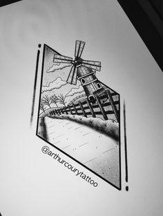 a black and white drawing of a windmill