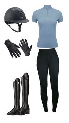 a woman's equestrian outfit including riding boots, gloves and helmet is shown in this image