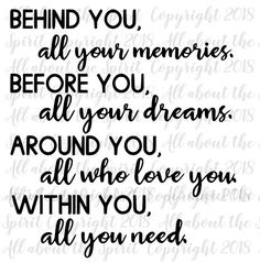 a black and white quote with the words behind you all your memories before you all your dreams