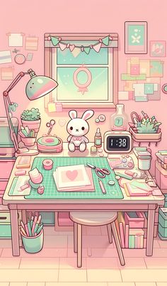 a cartoon bunny sitting at a table in front of a clock and desk with various items on it