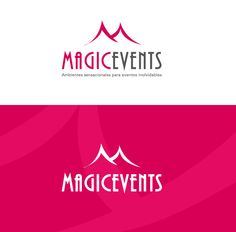 the logo for magicevents is shown in pink and purple colors, with mountains behind it