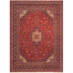 a red rug with an intricate design on the center and bottom, surrounded by smaller flowers