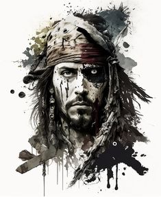 a painting of a man wearing a pirate hat and eye patch with paint splatters on