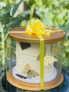 there is a cake in the shape of a hat with butterflies on it and a yellow bow