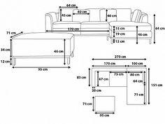 a drawing of a couch and ottoman with measurements for each piece in the diagram below