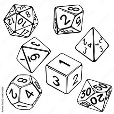 black and white drawing of dices with numbers on them