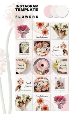 the instagram template for flowers is shown with pink and white flowers in different colors