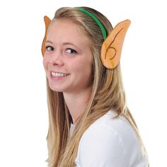 a woman with long blonde hair wearing an orange and green cat ears on her head