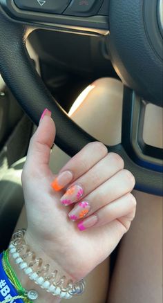 Summer Nails 2023 Short Coffin, Orange With Flowers Nails, Pink And Orange Nails Flowers, Pink Orange Flower Nails, Simple Bright Summer Nails, Summer Nails Hot Pink And Orange, Pink And Orange Nails Coffin, Nails Hot Pink And Orange, Bright Orange And Pink Nails